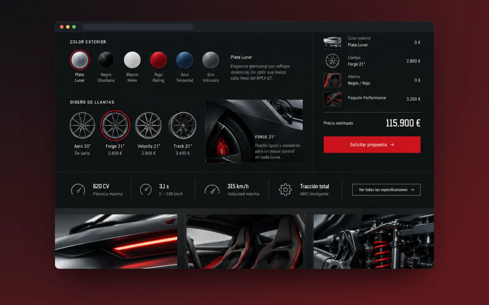 Configurador de color y llantas con resumen de precio