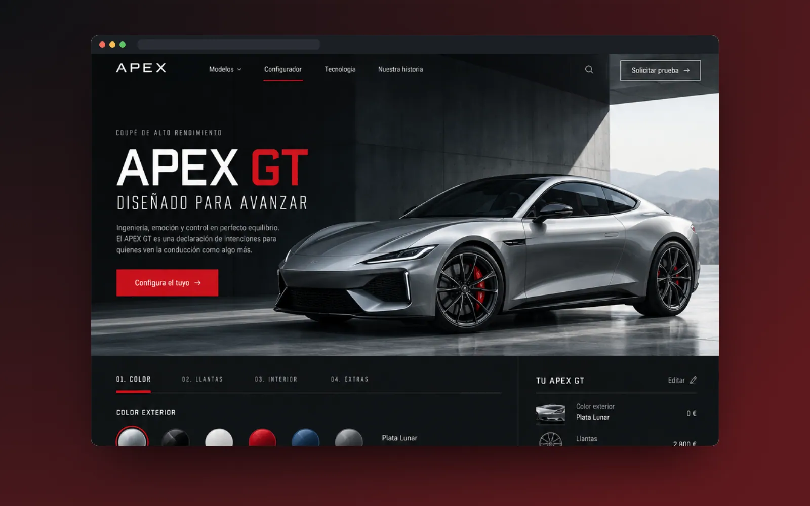 Portada de APEX GT con el auto en un entorno de concreto