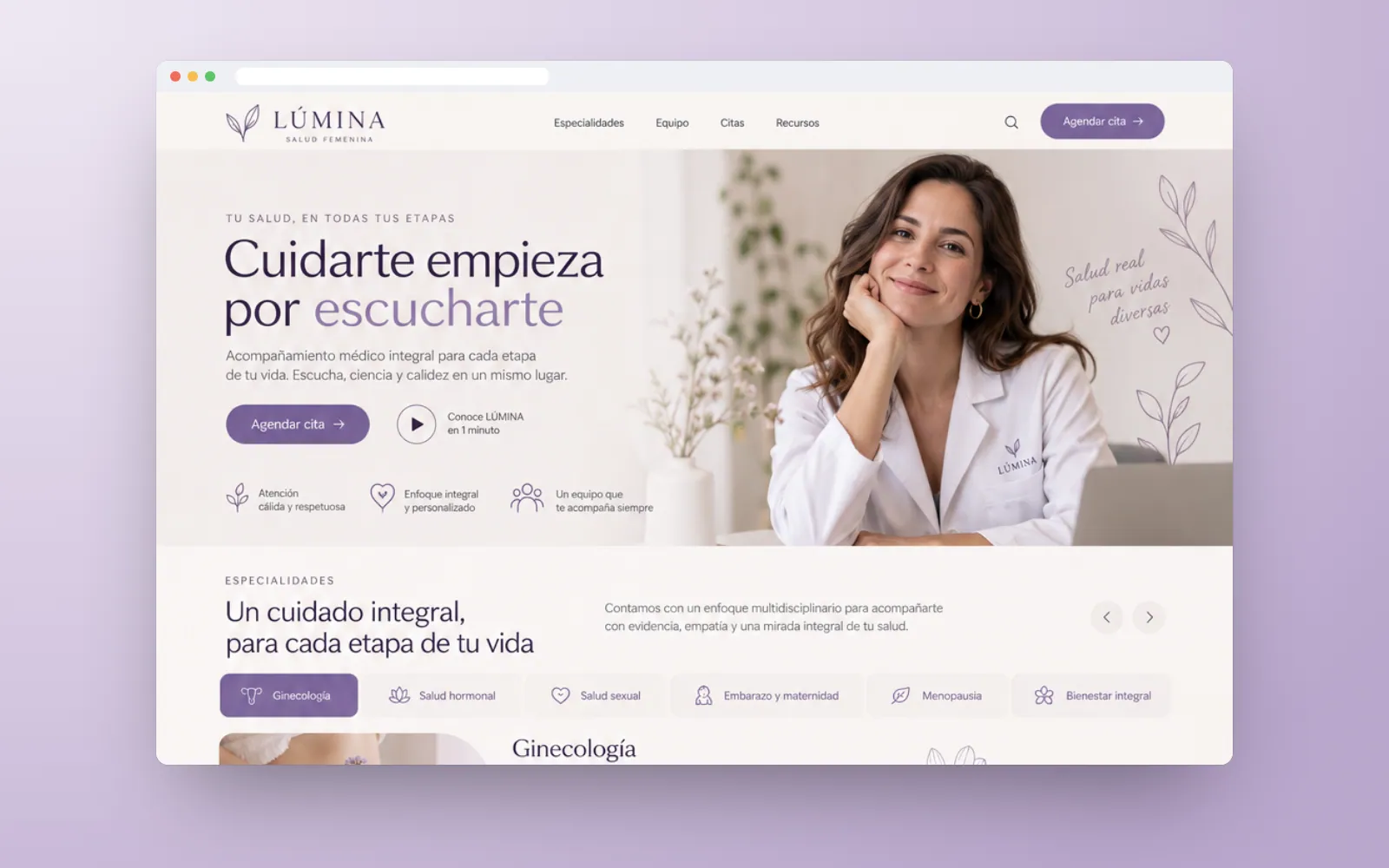 Portada de LÚMINA con especialista y botón para agendar cita
