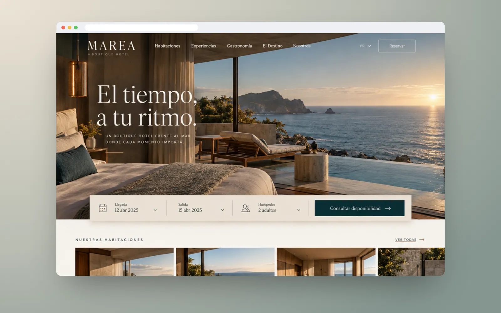 Portada del sitio de MAREA con vista al mar y buscador de disponibilidad