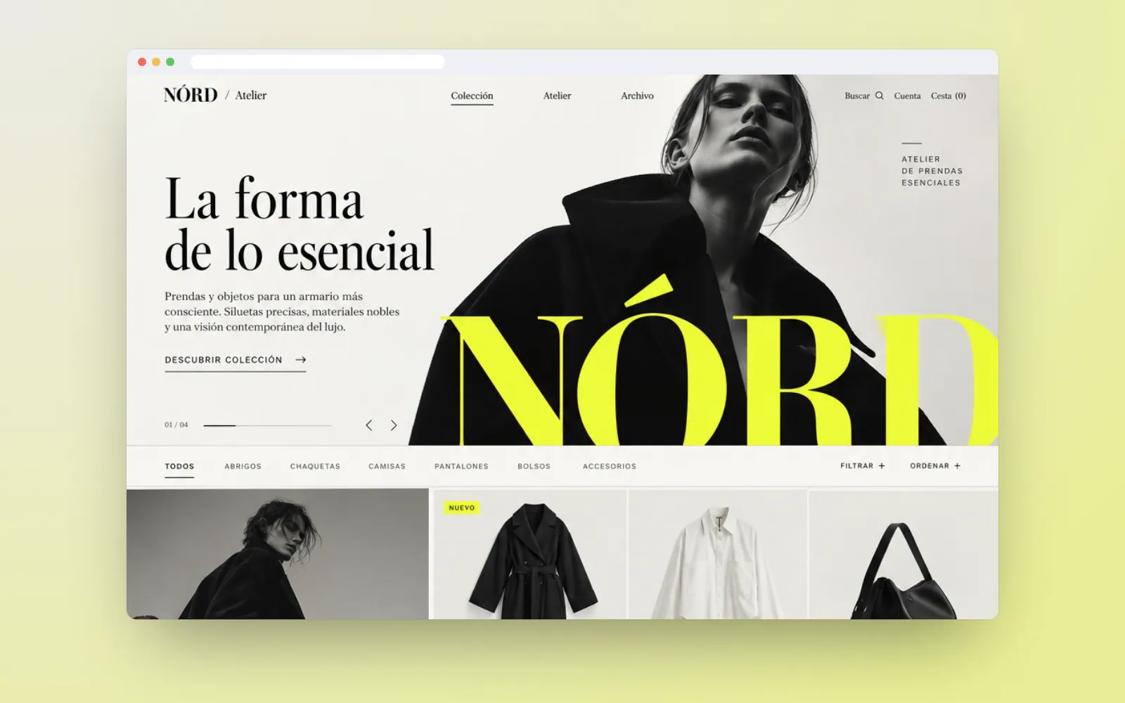 Portada de la tienda NÓRD con logotipo en amarillo neón y fotografía en blanco y negro