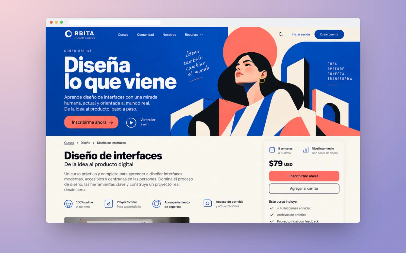 Portada de ORBITA con ilustración en azul y coral