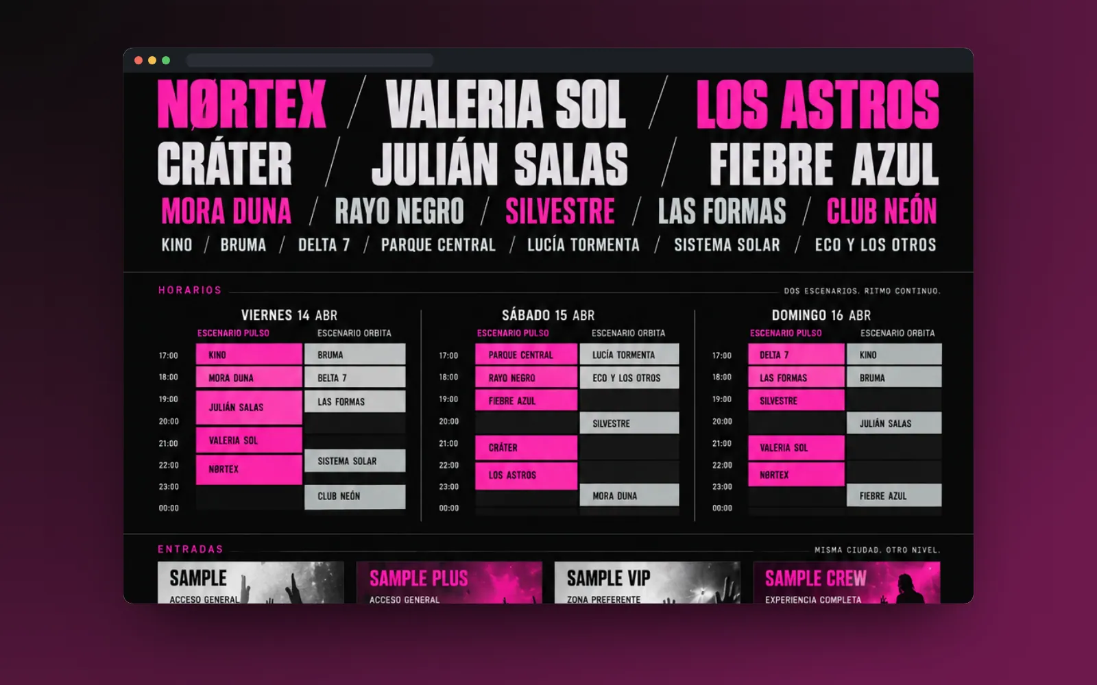 Lineup y horarios por día y escenario