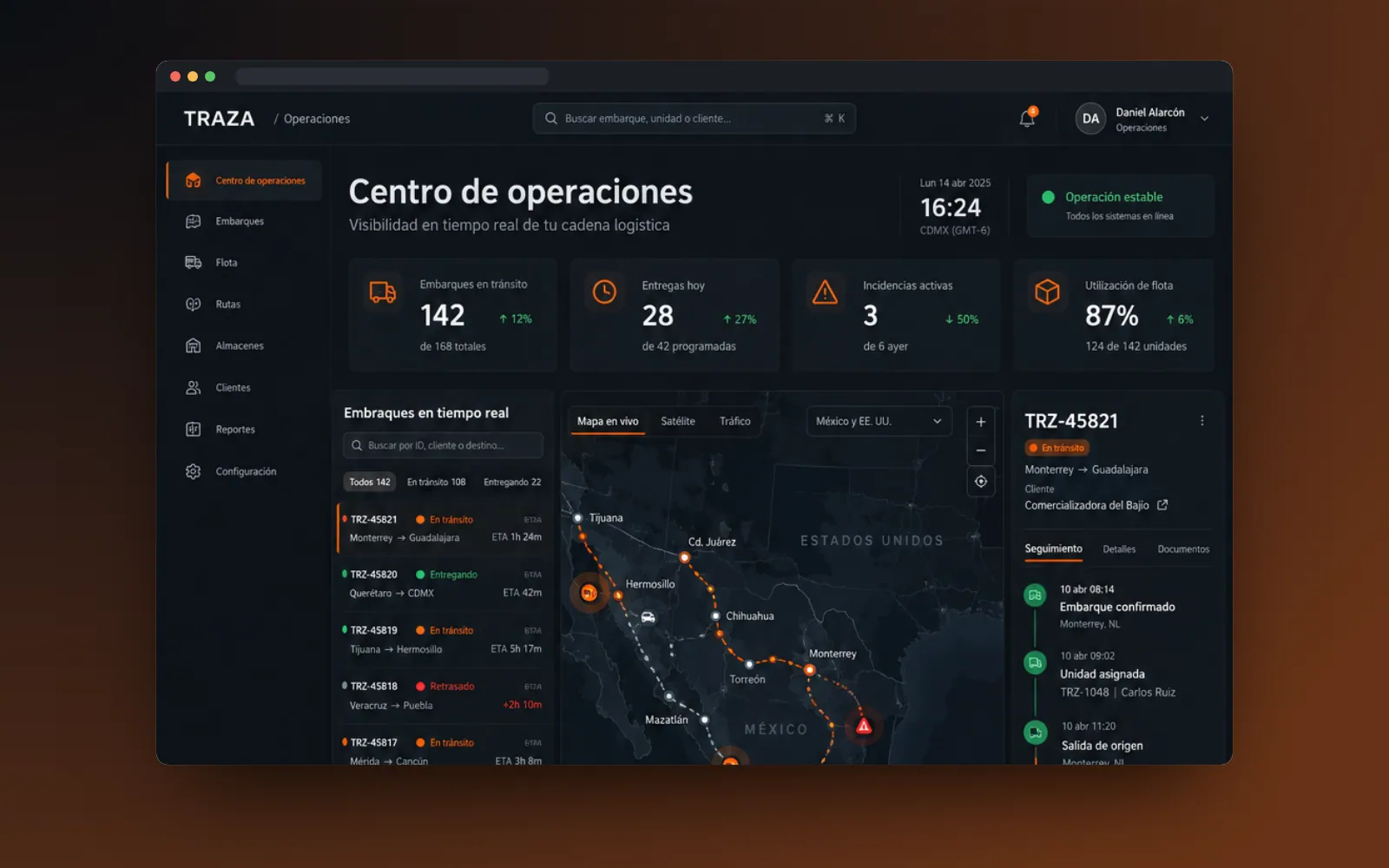 Centro de operaciones de TRAZA con indicadores y mapa de rutas en modo oscuro