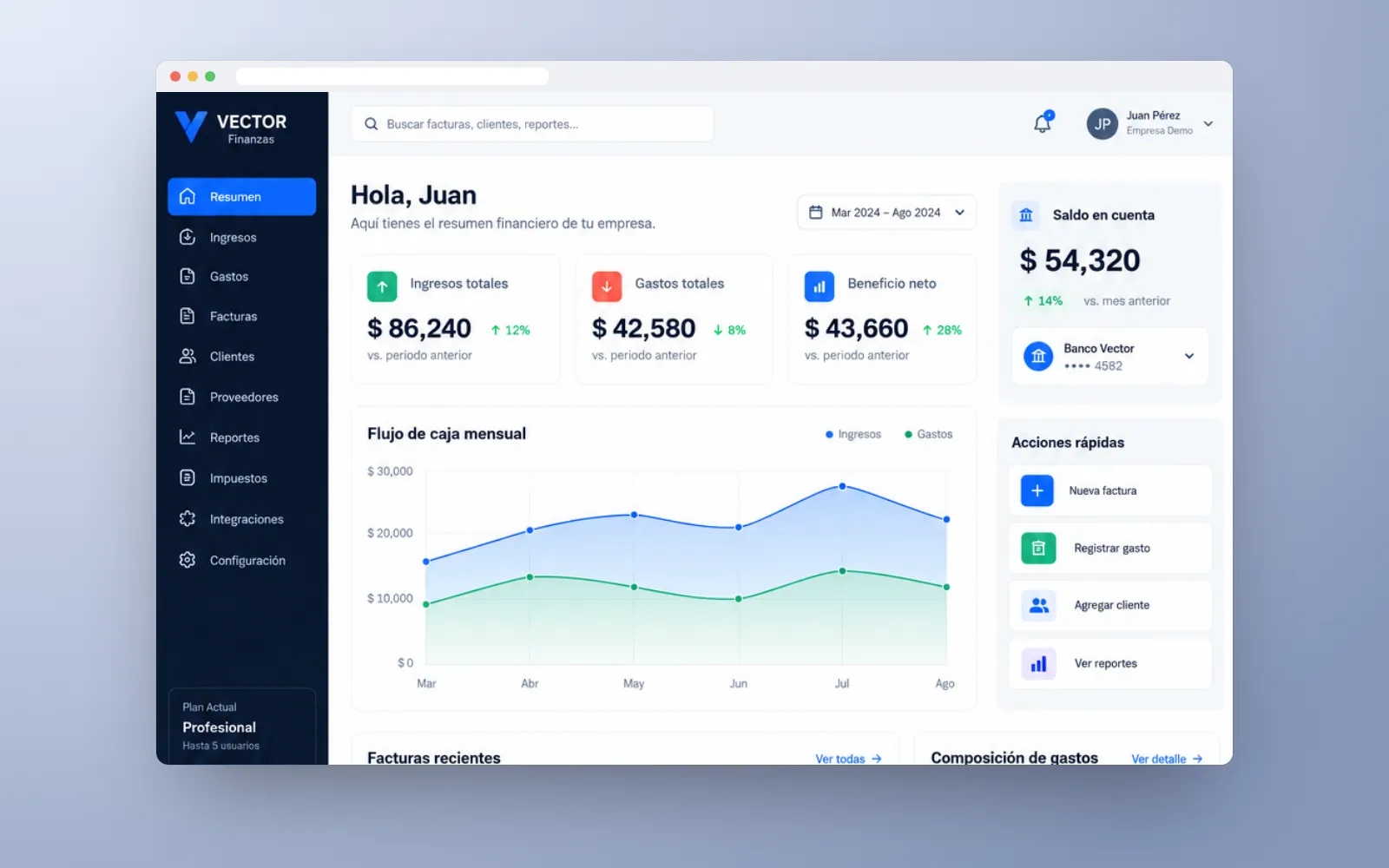 Panel de VECTOR con indicadores financieros y flujo de caja